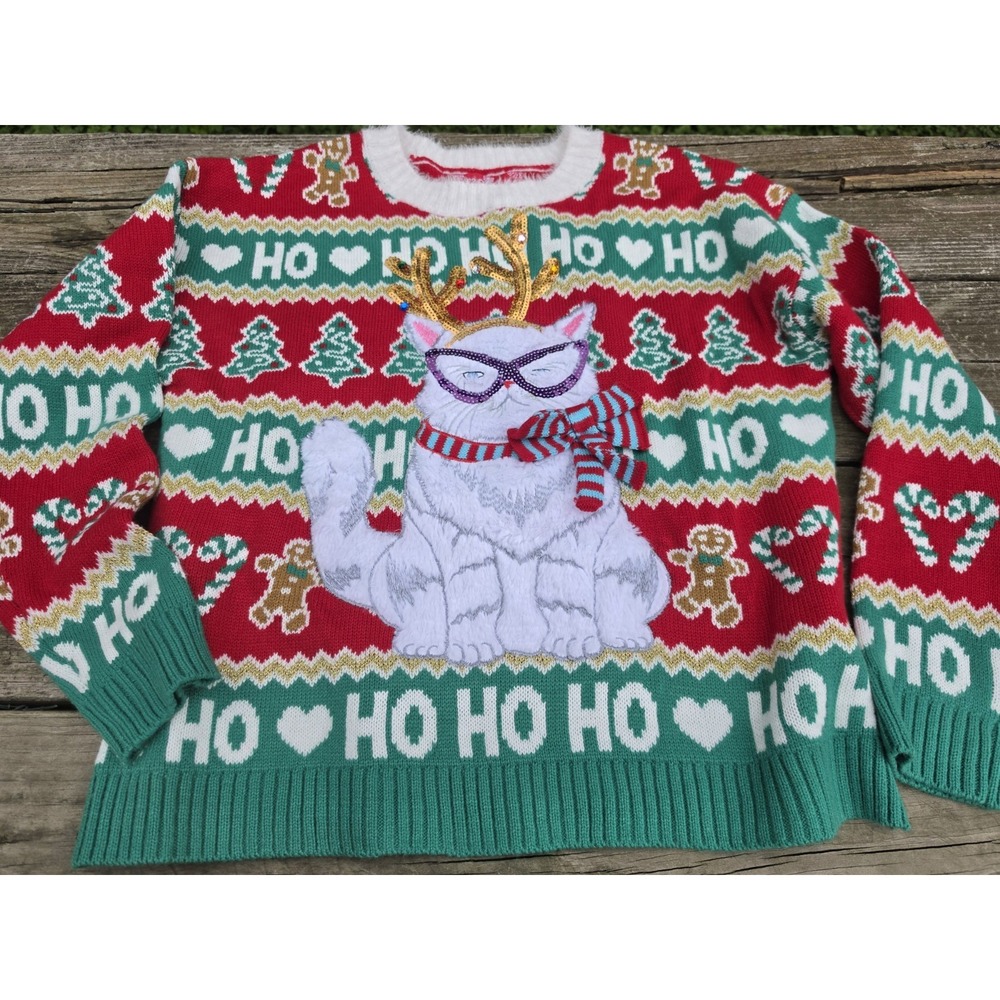 33 Degrees Christmas Sweater L Cat Reindeer Sequin Ugly Holiday Ho Ho Ho